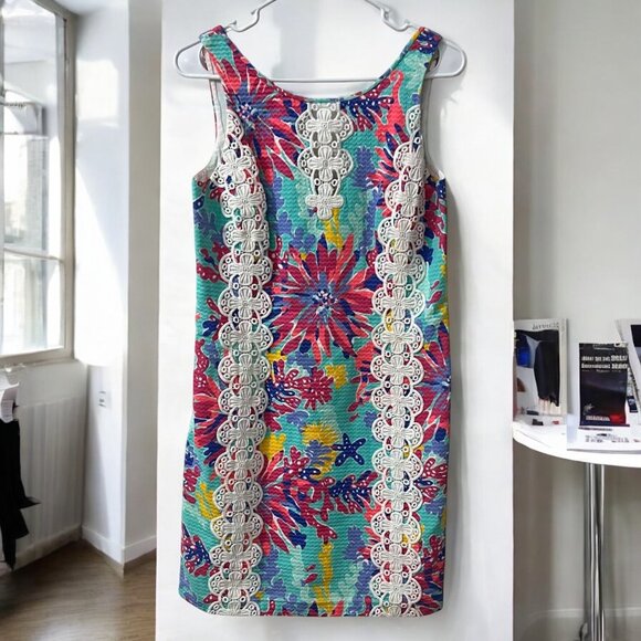 Lilly Pulitzer Aqua Trippin &‎ Sippin Shift Dress Lace Trim Size 6 - Picture 1 of 10